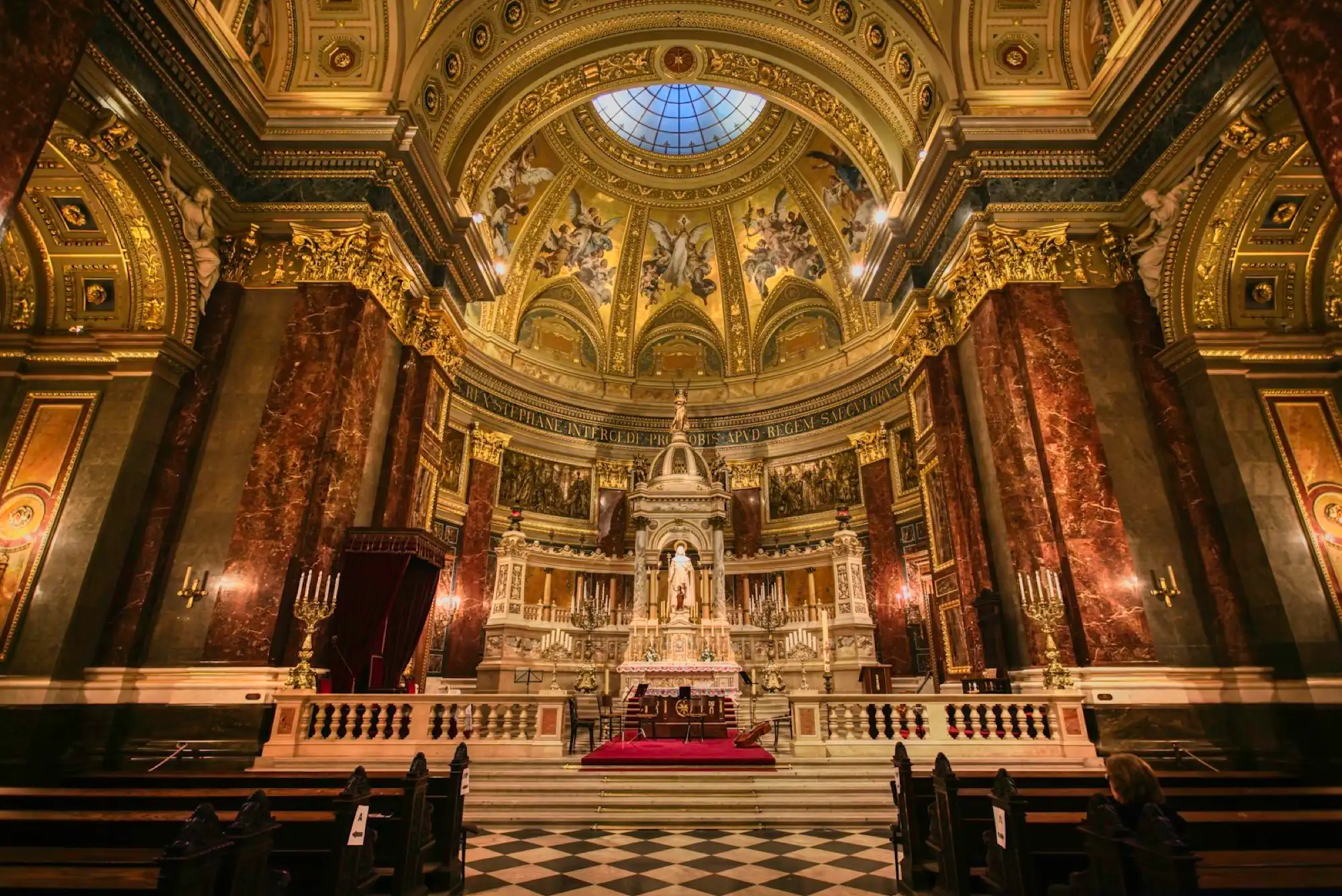 The sanctuary and main altar of St. Stephen's Basilica, with the marble statue of King Stephen under its canopy