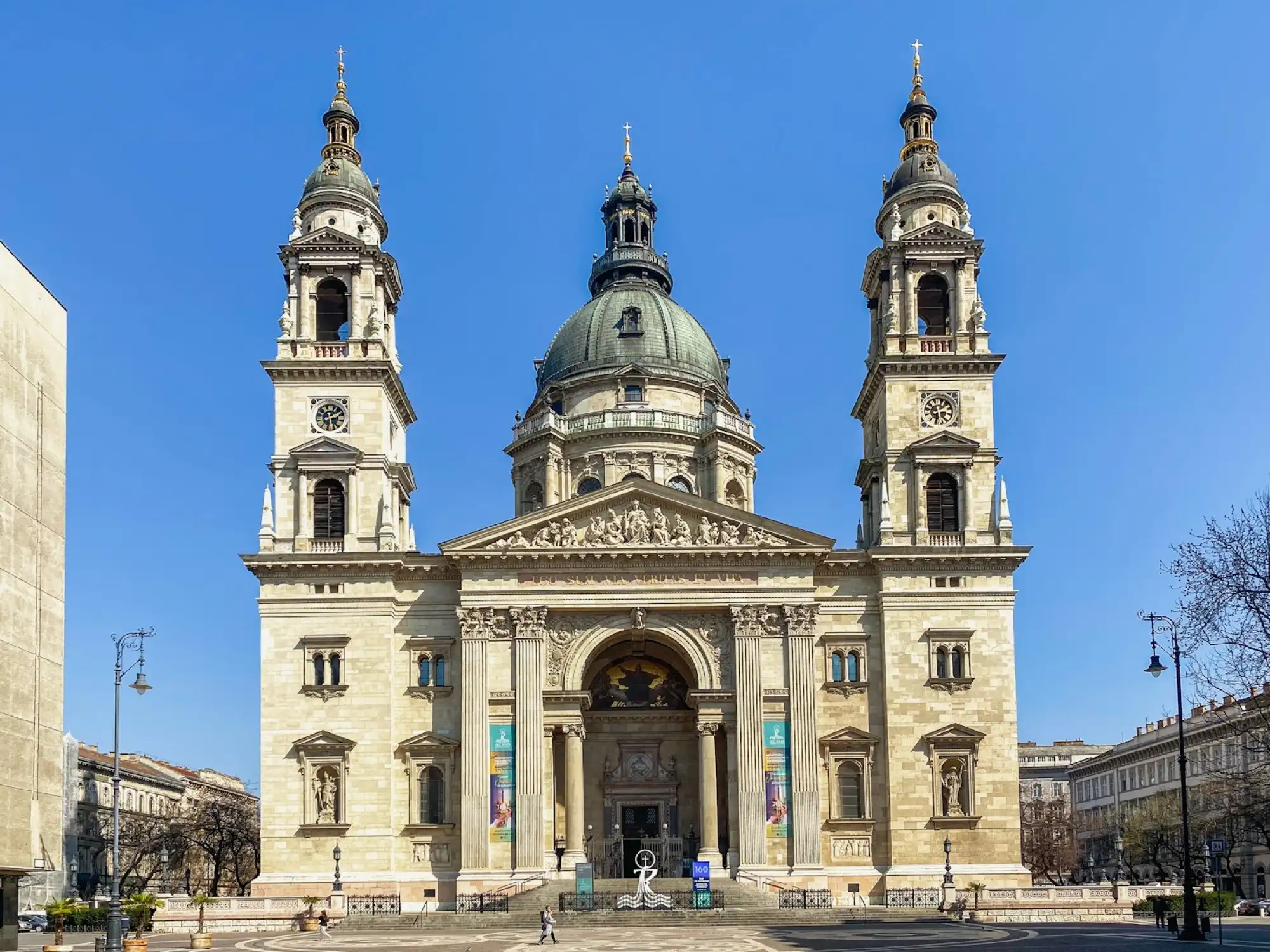 The west front of St. Stephen's Basilica seen from Szent István tér, with the steps up to the main entrance