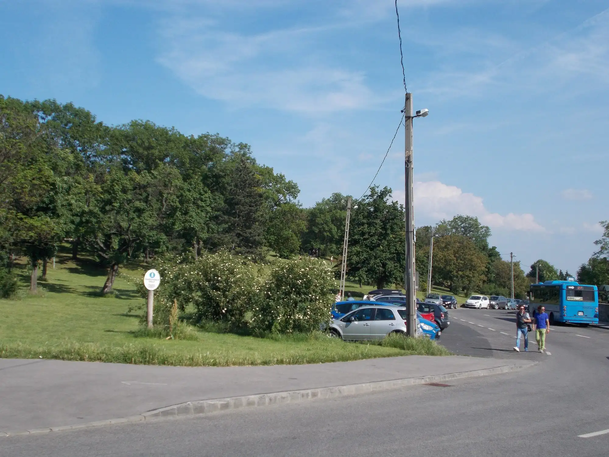 The Búsuló Juhász (Citadella) bus stop at the western entrance to the Gellért Hill park, with a bus on the road and the wooded hillside behind