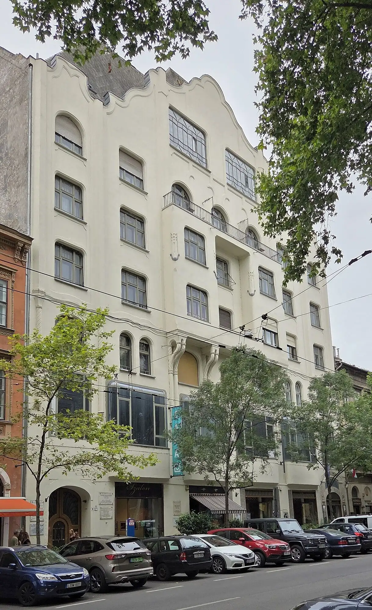 The Art Nouveau facade of Nagymező utca 8 in Budapest, home of the Capa Center, seen from the pavement opposite