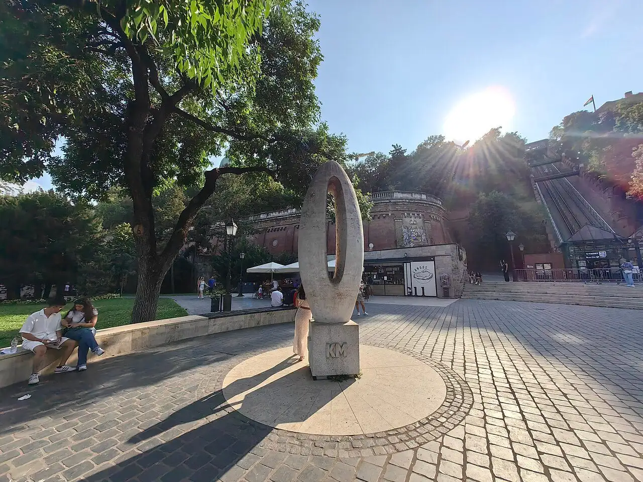 The Zero Kilometre Stone on Clark Ádám tér, a nought-shaped stone sculpture on a paved circle, with the funicular's track climbing Castle Hill behind it