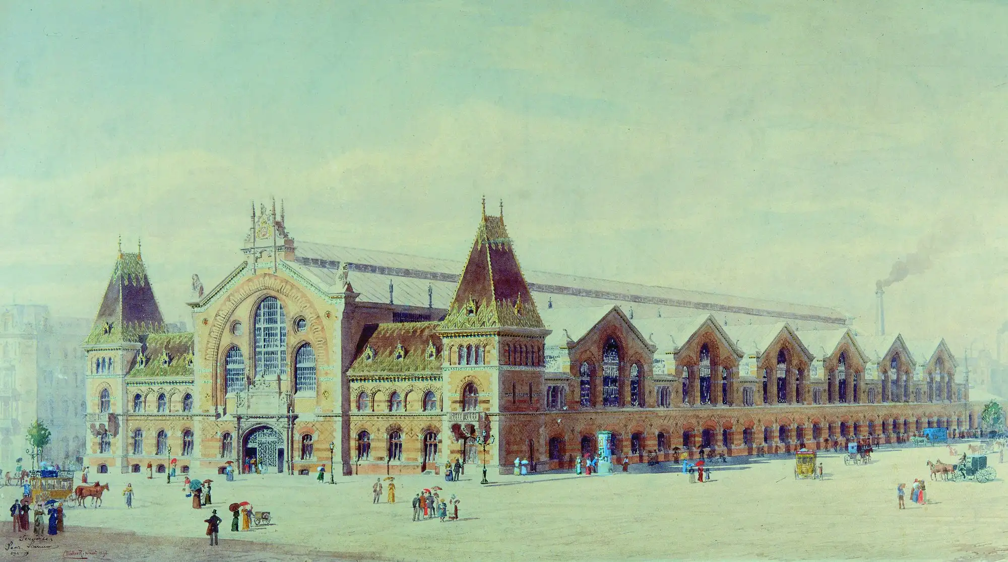 Róbert Nádler's 1898 watercolour of the newly opened Central Market Hall in Budapest seen from Fővám tér