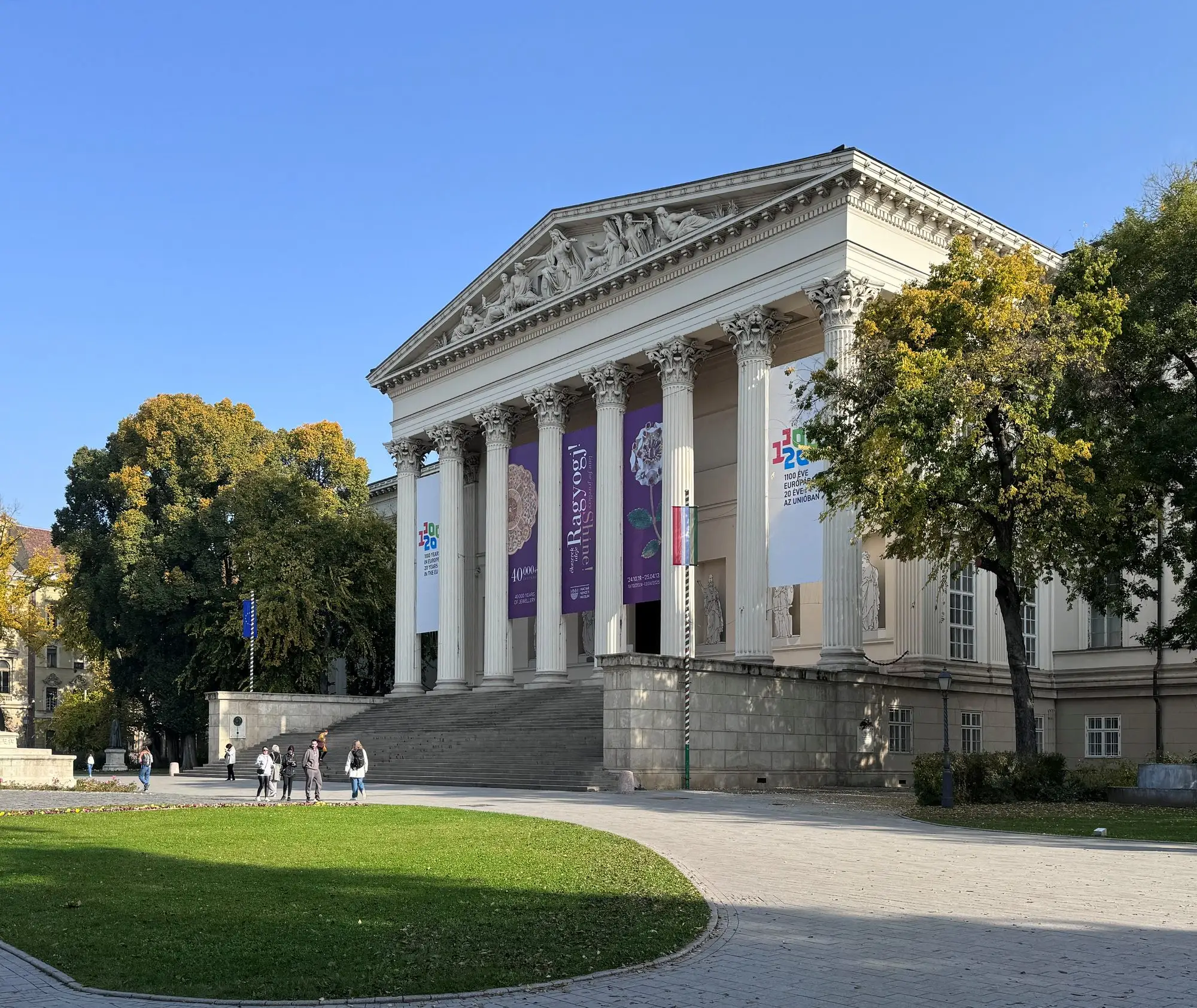 The columned portico of the Hungarian National Museum in Budapest, seen from the lawn of the Museum Garden