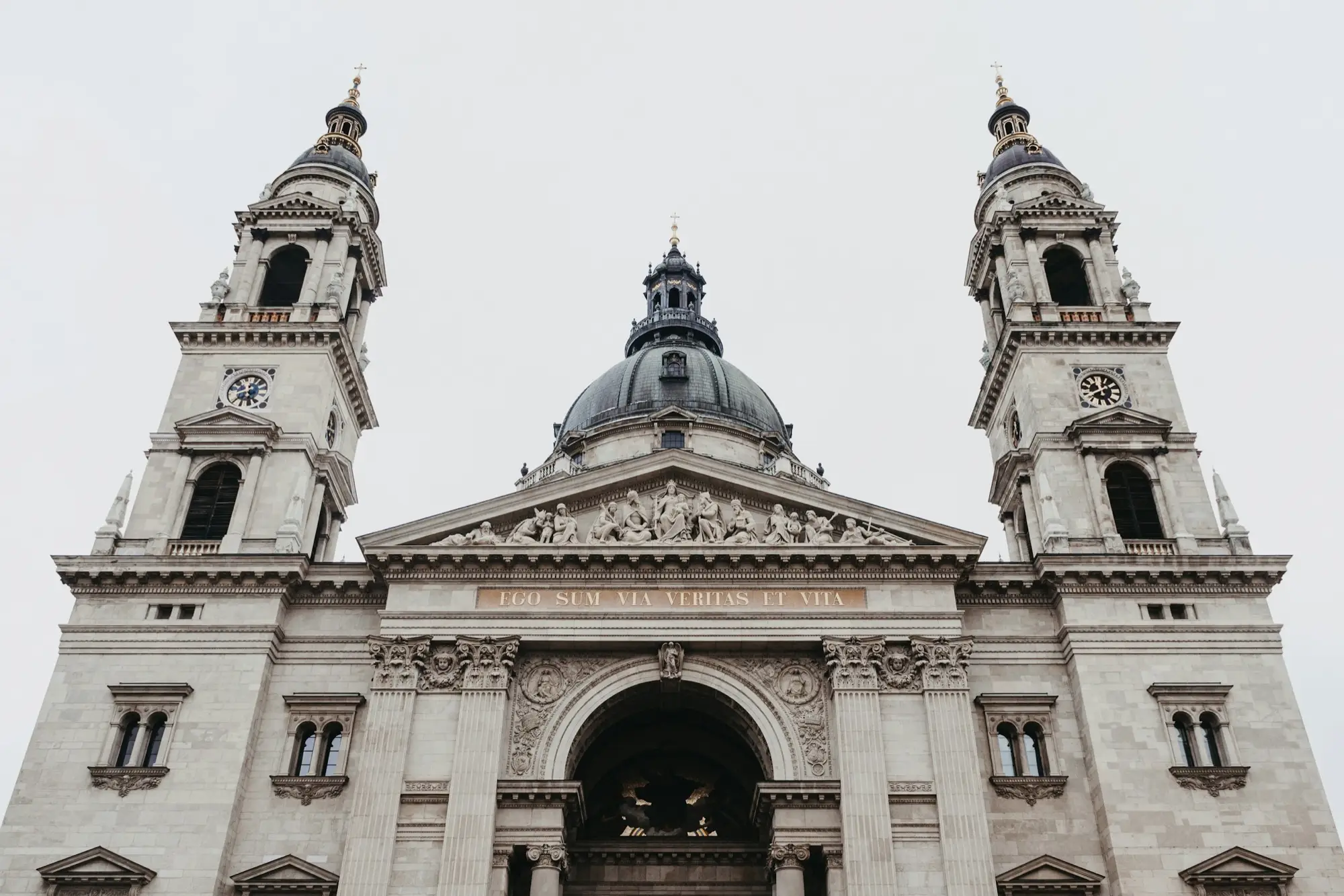 West front of St. Stephen's Basilica in Budapest, with its two bell towers and central dome