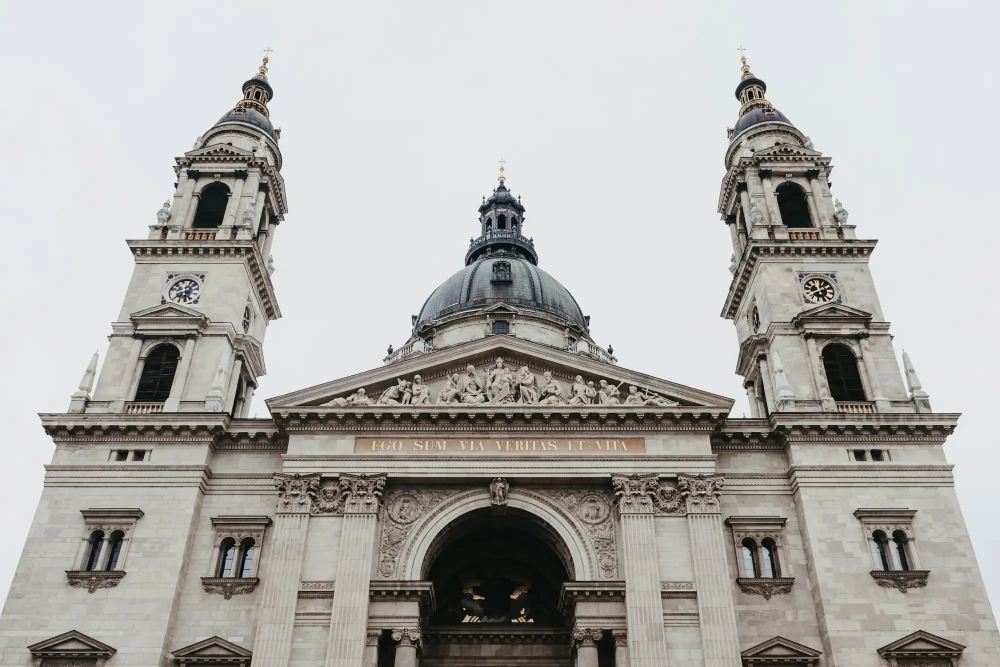 West front of St. Stephen's Basilica in Budapest, with its two bell towers and central dome