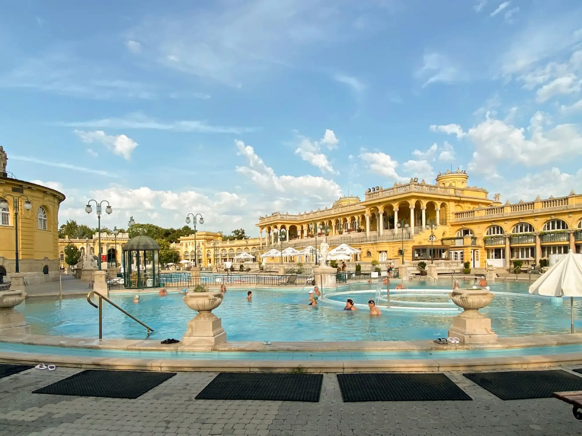 Outdoor pools and yellow Neo-Baroque wings of Széchenyi Thermal Bath in Budapest