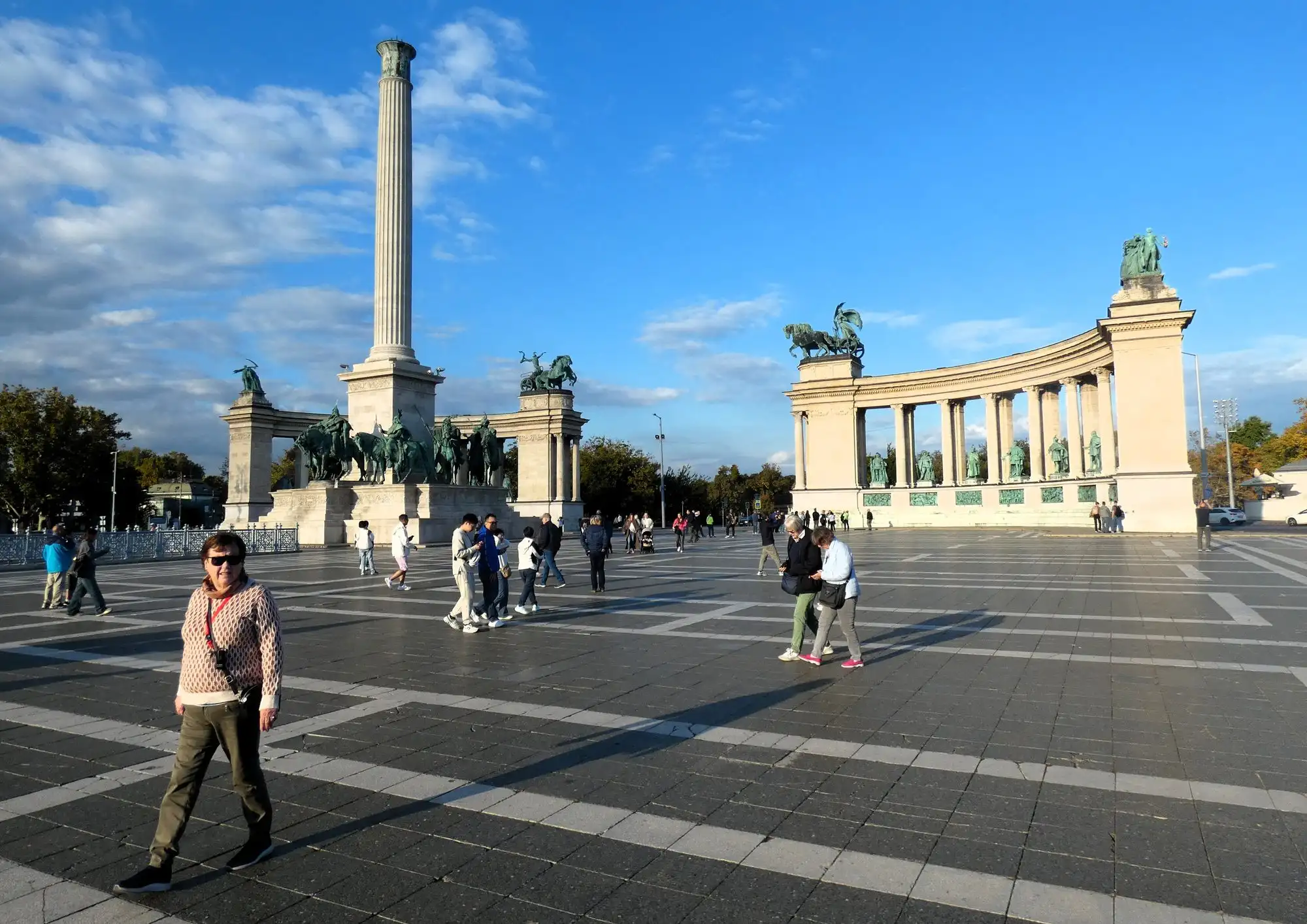 The Millennium Monument on Heroes' Square in Budapest, its column in front of the curved colonnade of bronze Hungarian rulers