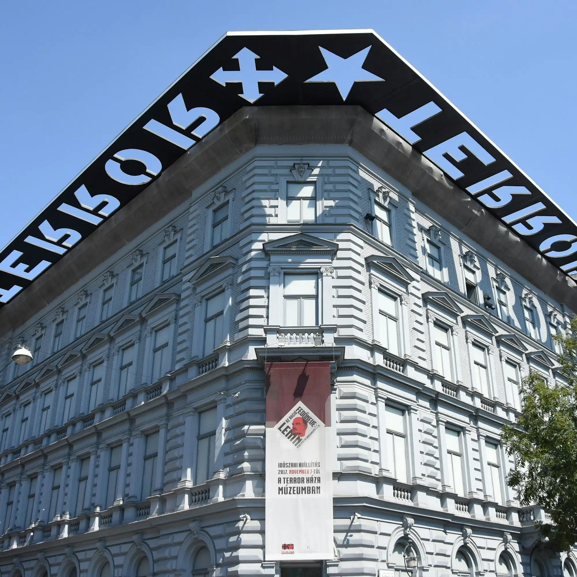 The House of Terror Museum on Andrássy út under its black entablature, the starting point for the tours that include entry