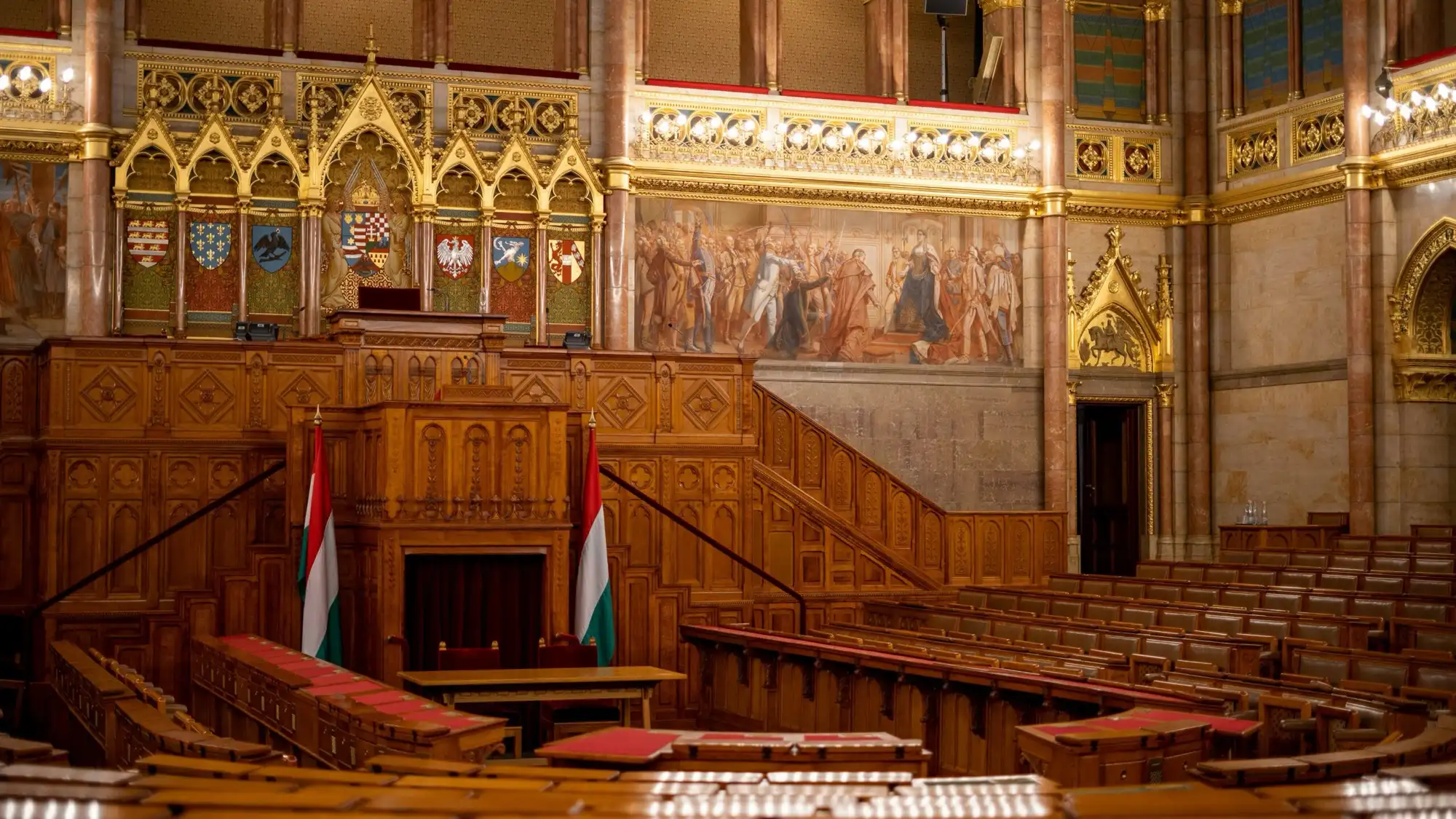 Hungarian Parliament Old Upper House Chamber with wooden pews and gilded decoration