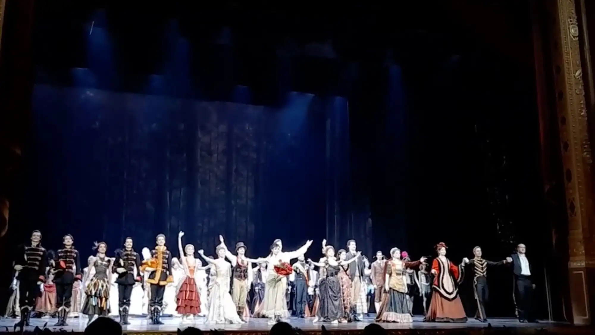 A performance taking place on stage at the Hungarian State Opera House in Budapest, Hungary.