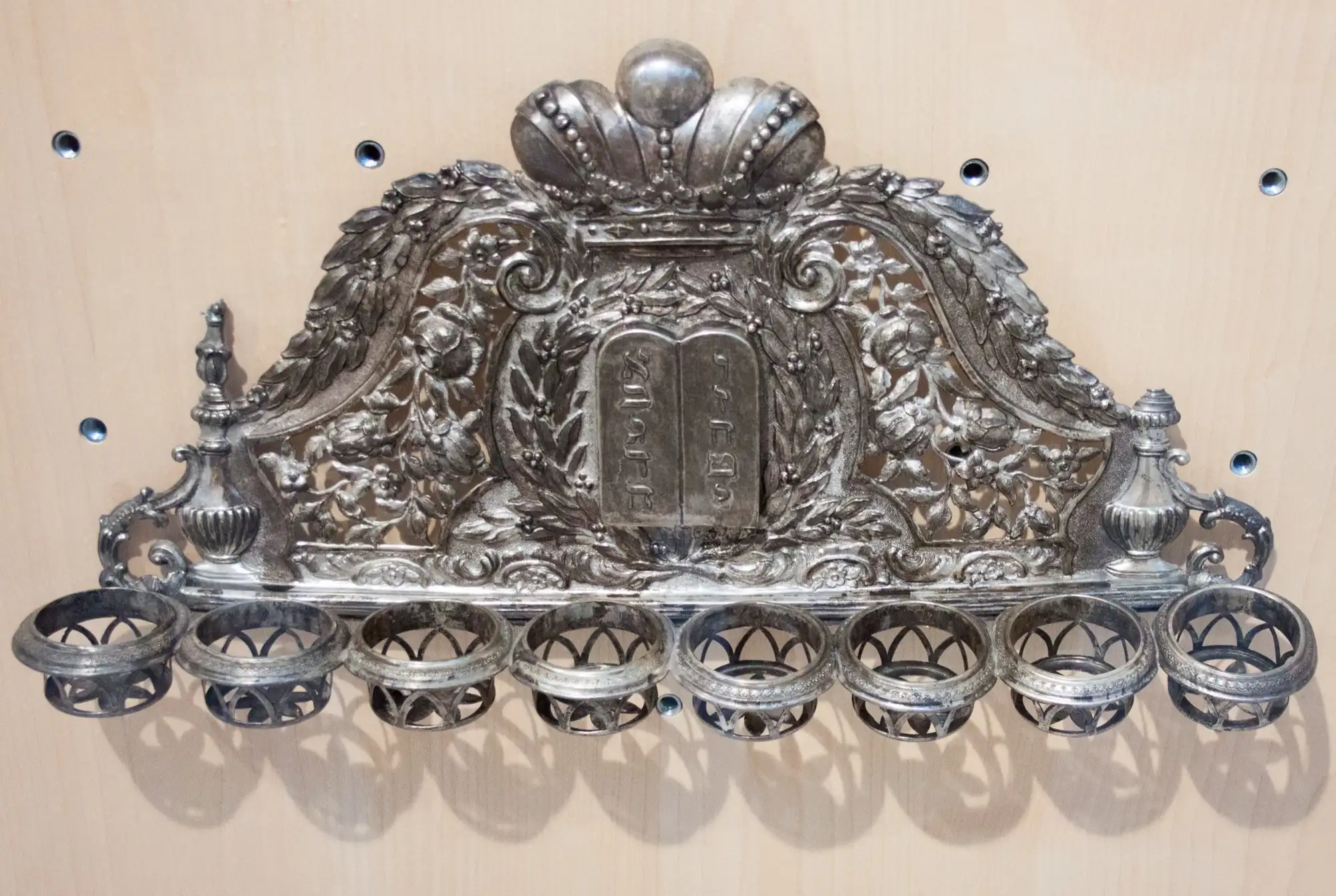 A silver Hanukkah lamp made in Vienna in 1853, with the Tablets of the Law under a crown, in the Hungarian Jewish Museum