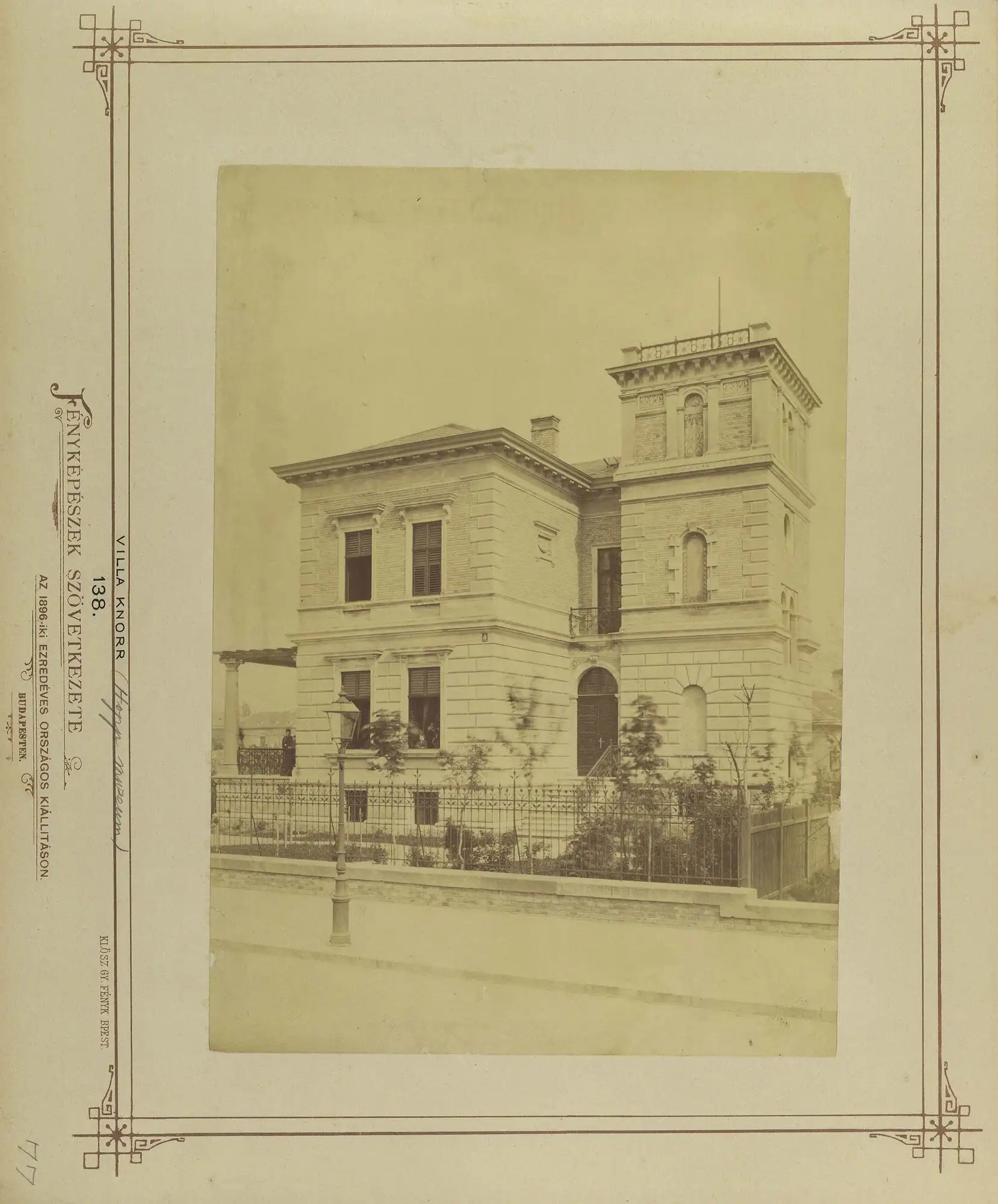 A photograph of about 1880 by György Klösz showing the Knorr villa at Andrássy út 103 in Budapest, railings in front and bare ground around it