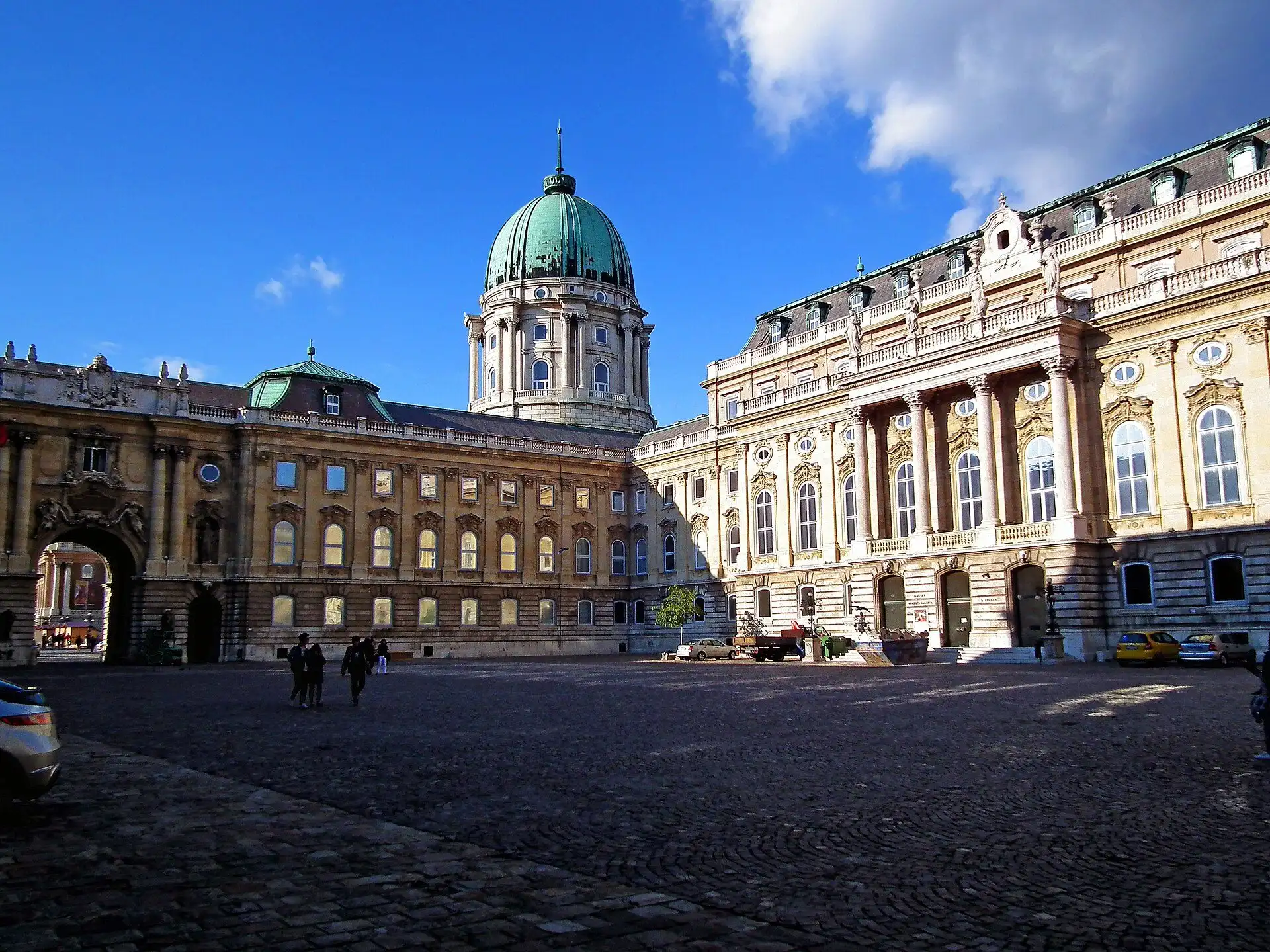 The Lion Court of Buda Castle, the inner courtyard with the dome and the entrances to the National Gallery and the library