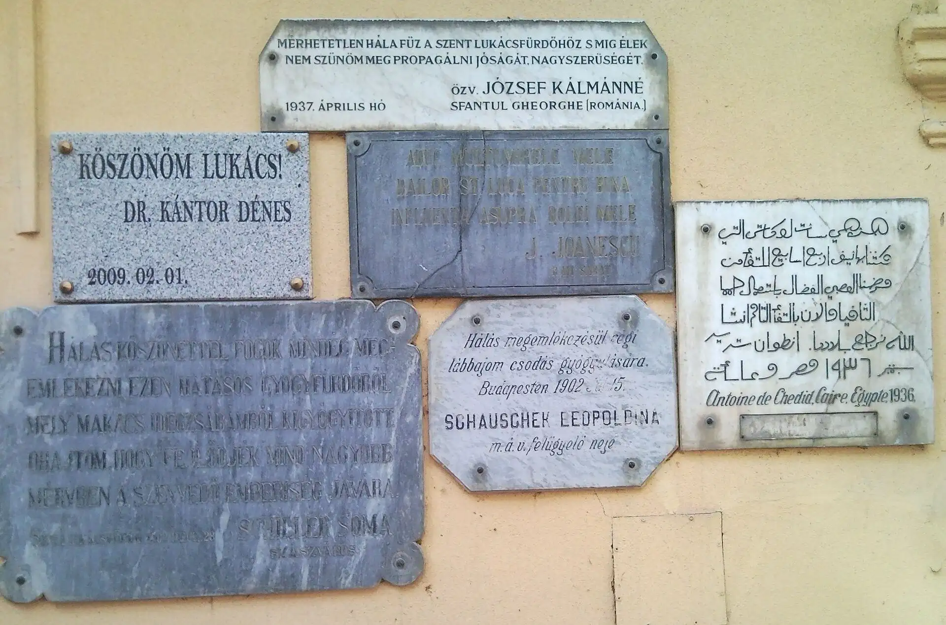 Marble thank-you tablets fixed to a wall at Lukács Thermal Bath, carved in Hungarian, Romanian and Arabic