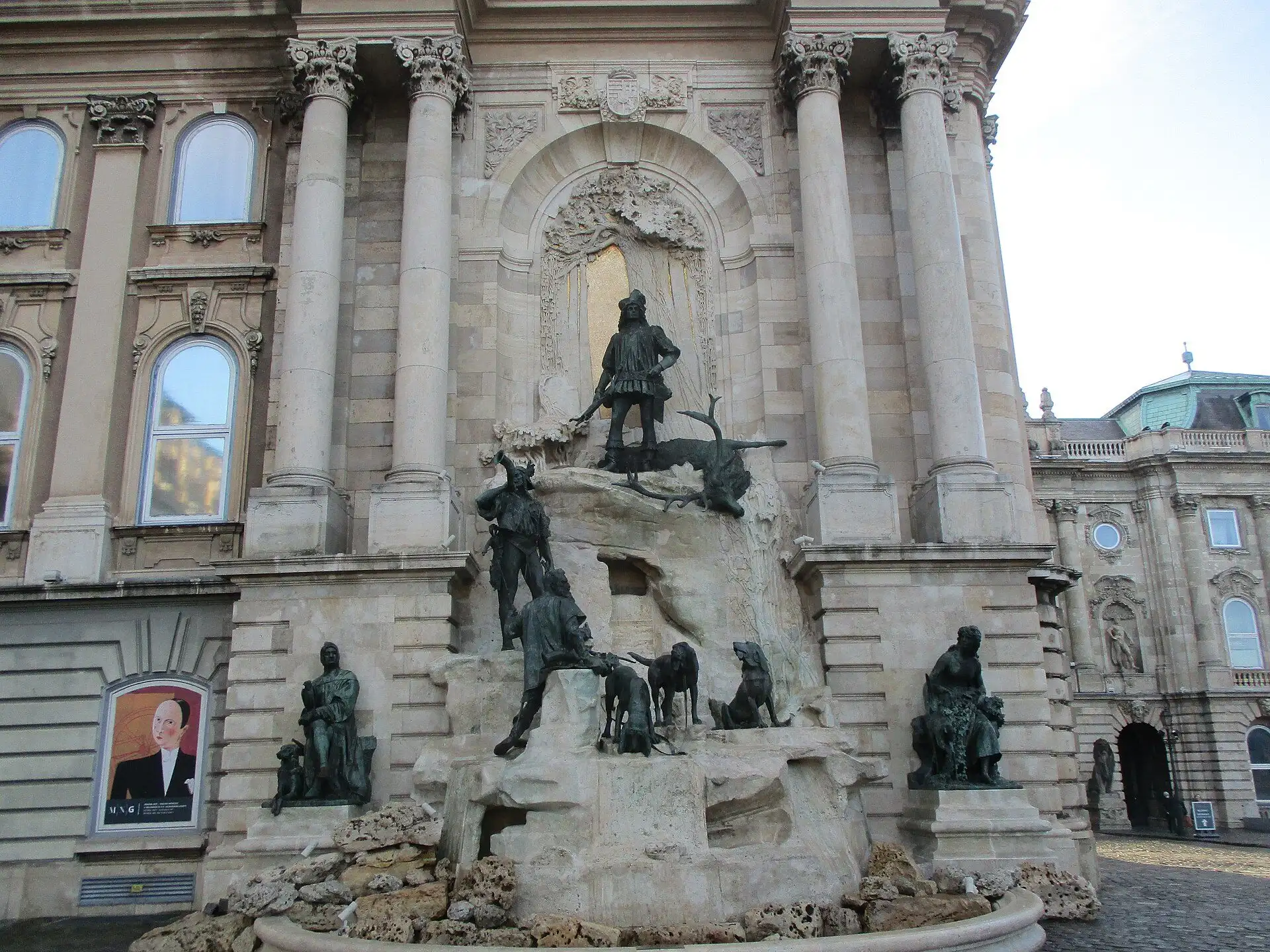 The Matthias Fountain on the wall of Buda Castle's Hunyadi Court: King Matthias in hunting dress above a spring, with hounds, a huntsman and the figure of Fair Ilonka