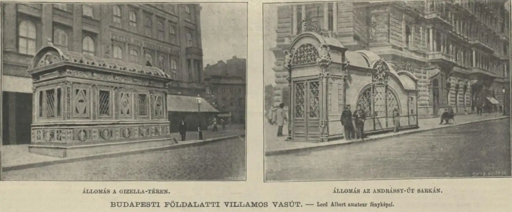 An 1896 engraving of two Millennium Underground station entrances in Budapest, one on Gizella tér and one on the corner of Andrássy út