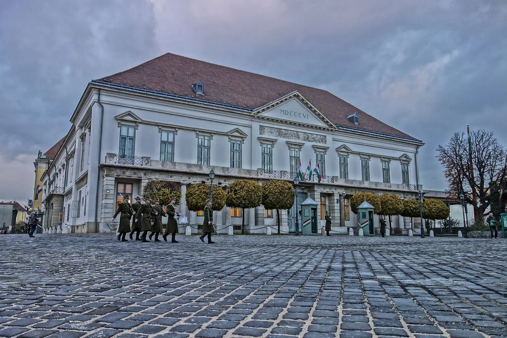 Soldiers of the Honvéd Palace Guard changing the guard in front of Sándor Palace on Szent György tér, Buda Castle