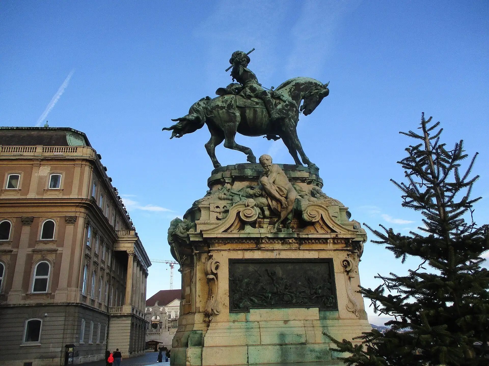 The equestrian statue of Prince Eugene of Savoy on the Savoy Terrace of Buda Castle, with the palace behind