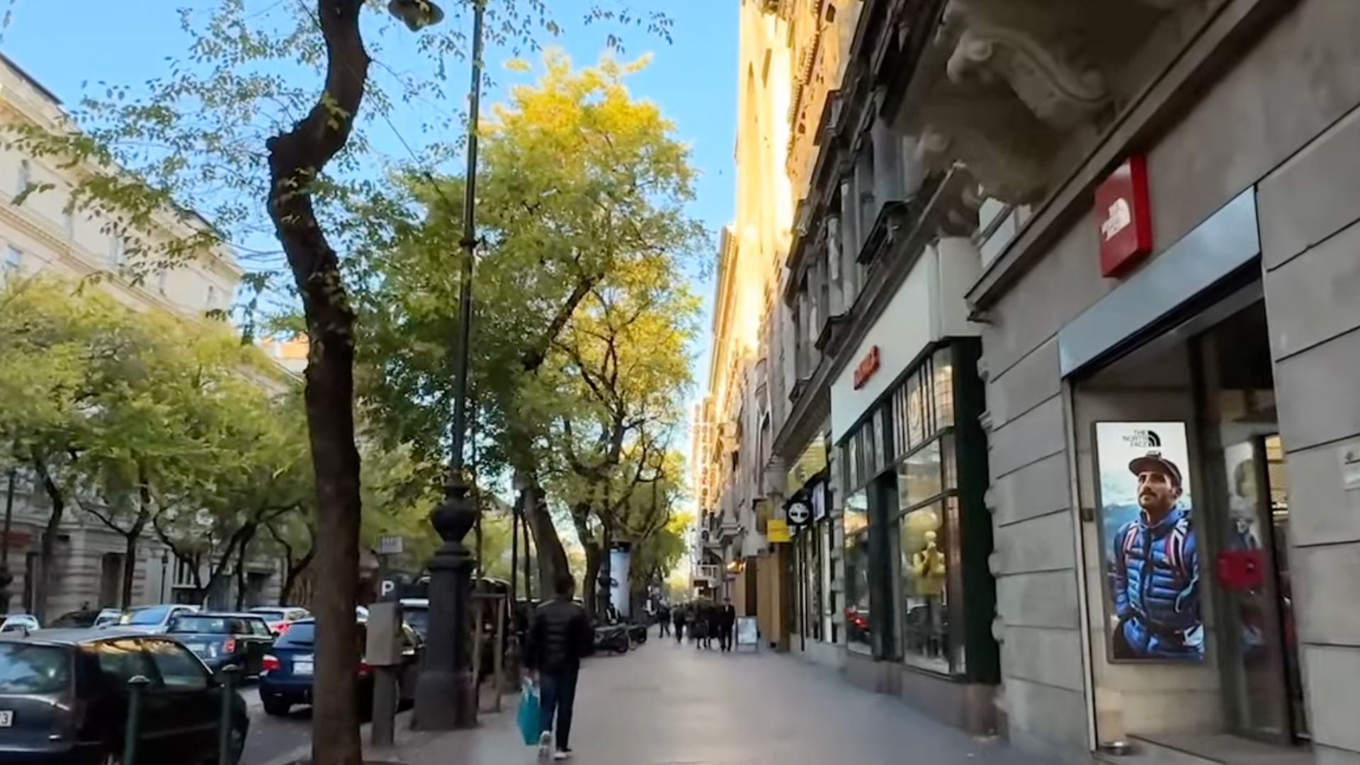 A shopping street on Andrássy Avenue in Budapest, Hungary, with shops, trees, and people walking.