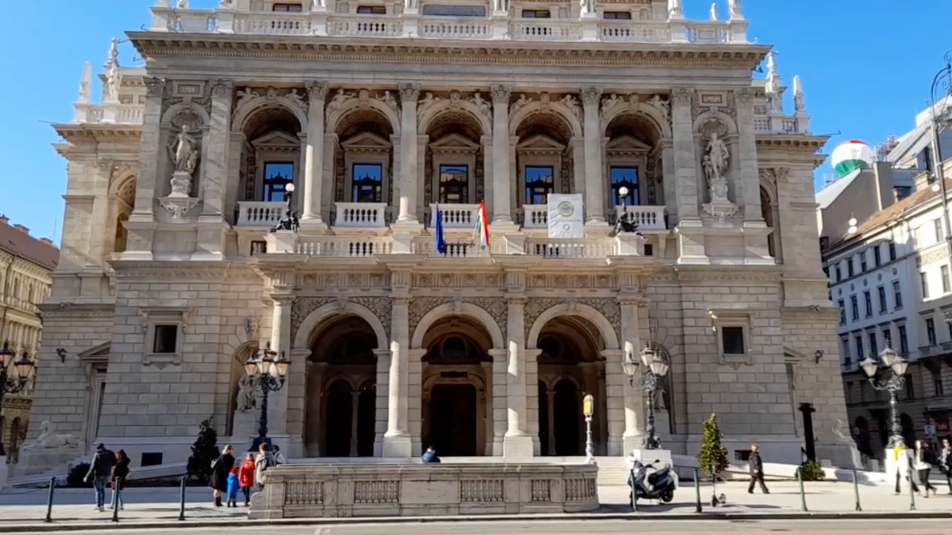 Front view of the Hungarian State Opera House on Andrássy Avenue in Budapest, Hungary.