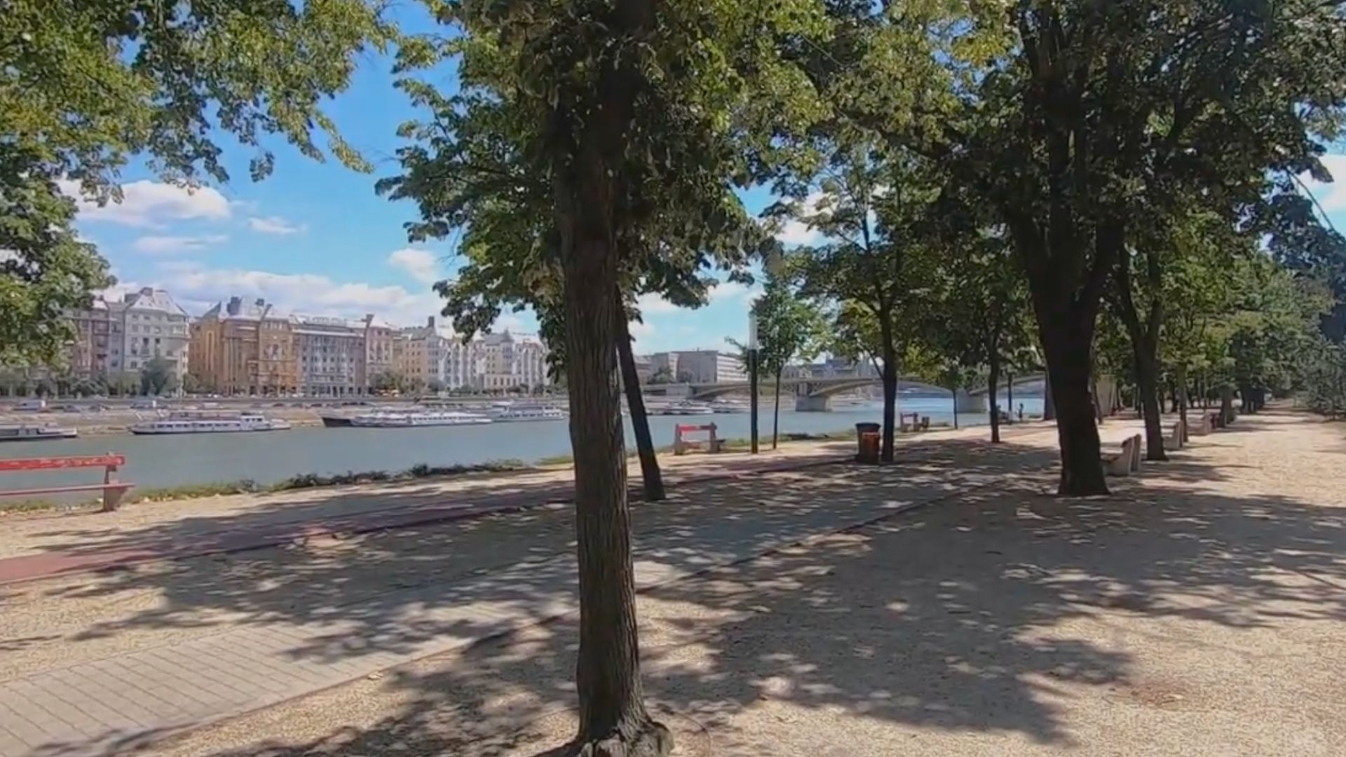 A view of a riverside running track on Margaret Island in Budapest, with trees, benches, and buildings across the water on a sunny day.