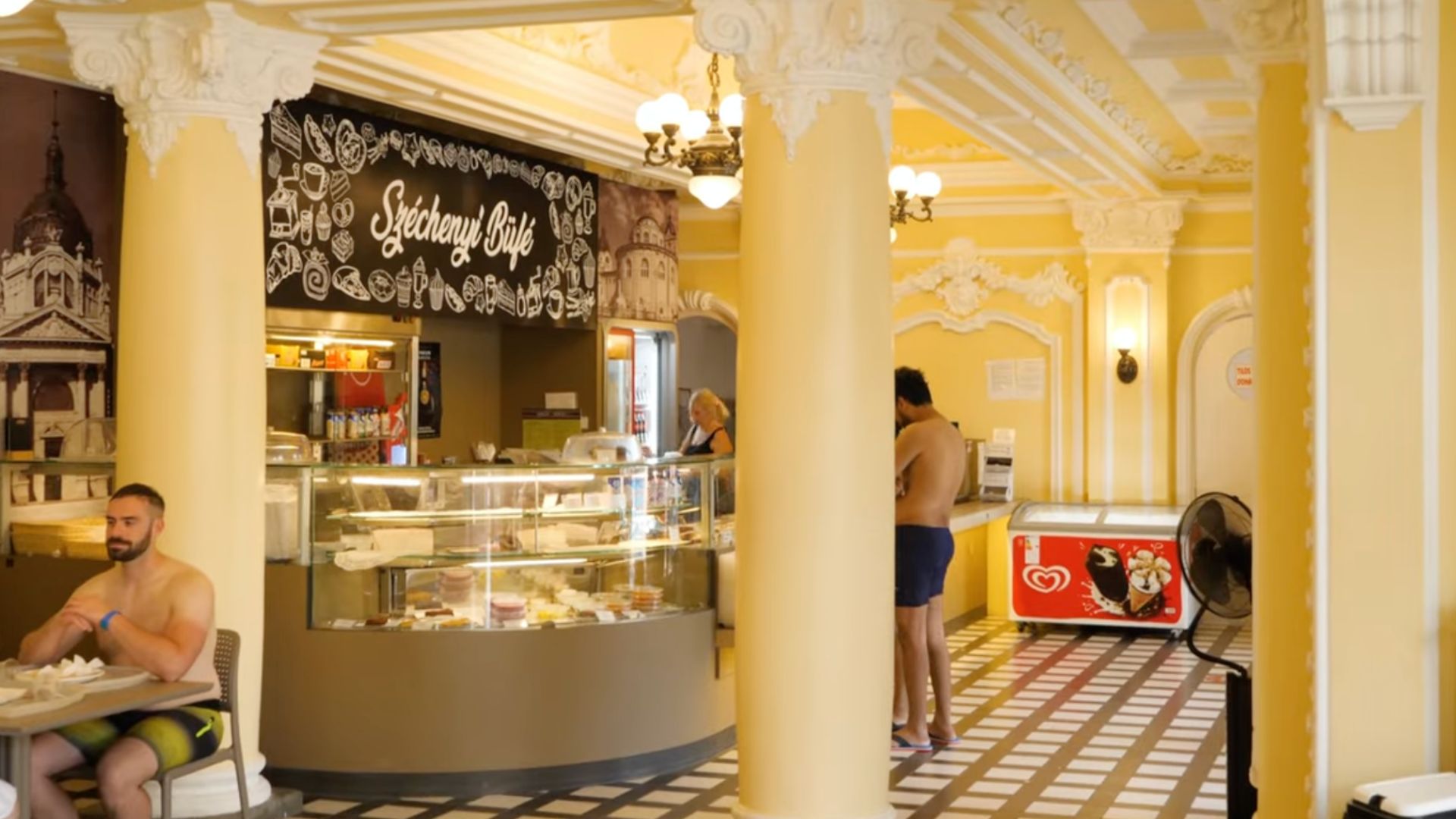 Széchenyi Café with people sitting and food display