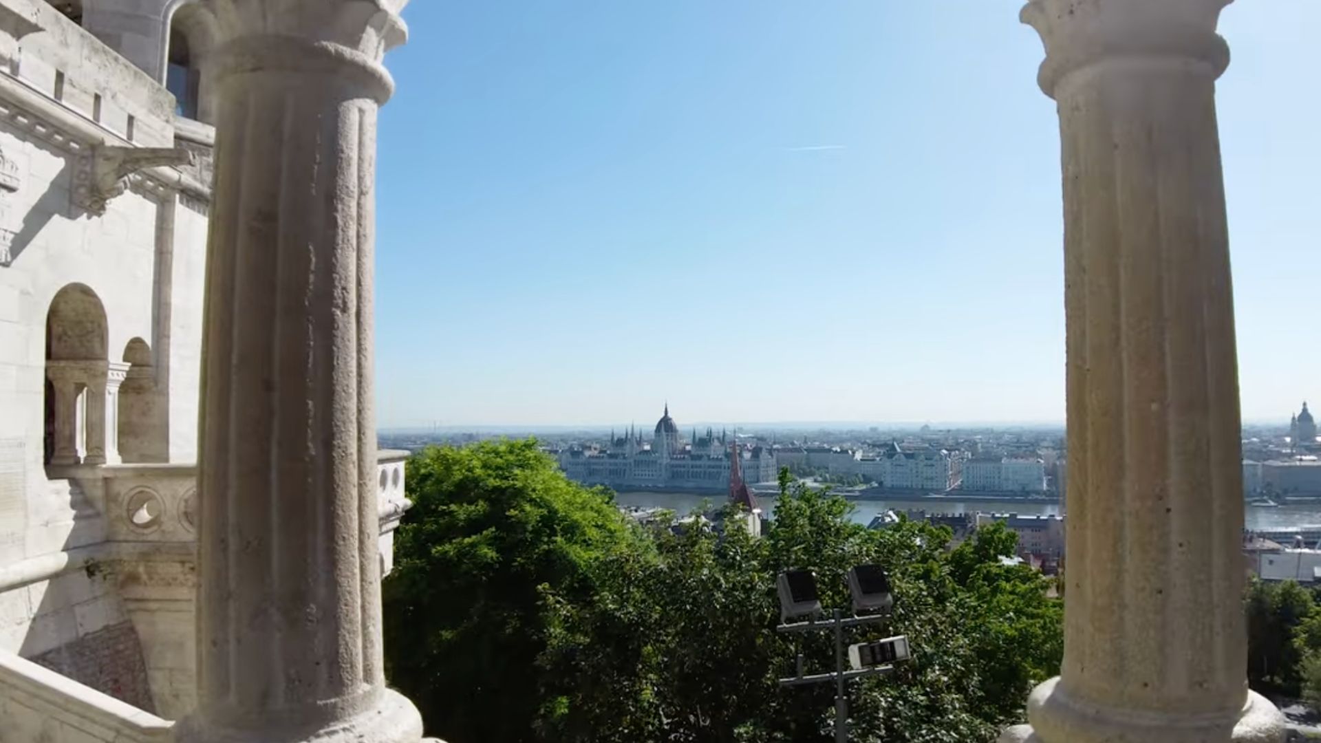 A panoramic view of the Hungarian Parliament Building as seen from Fisherman's Bastion.