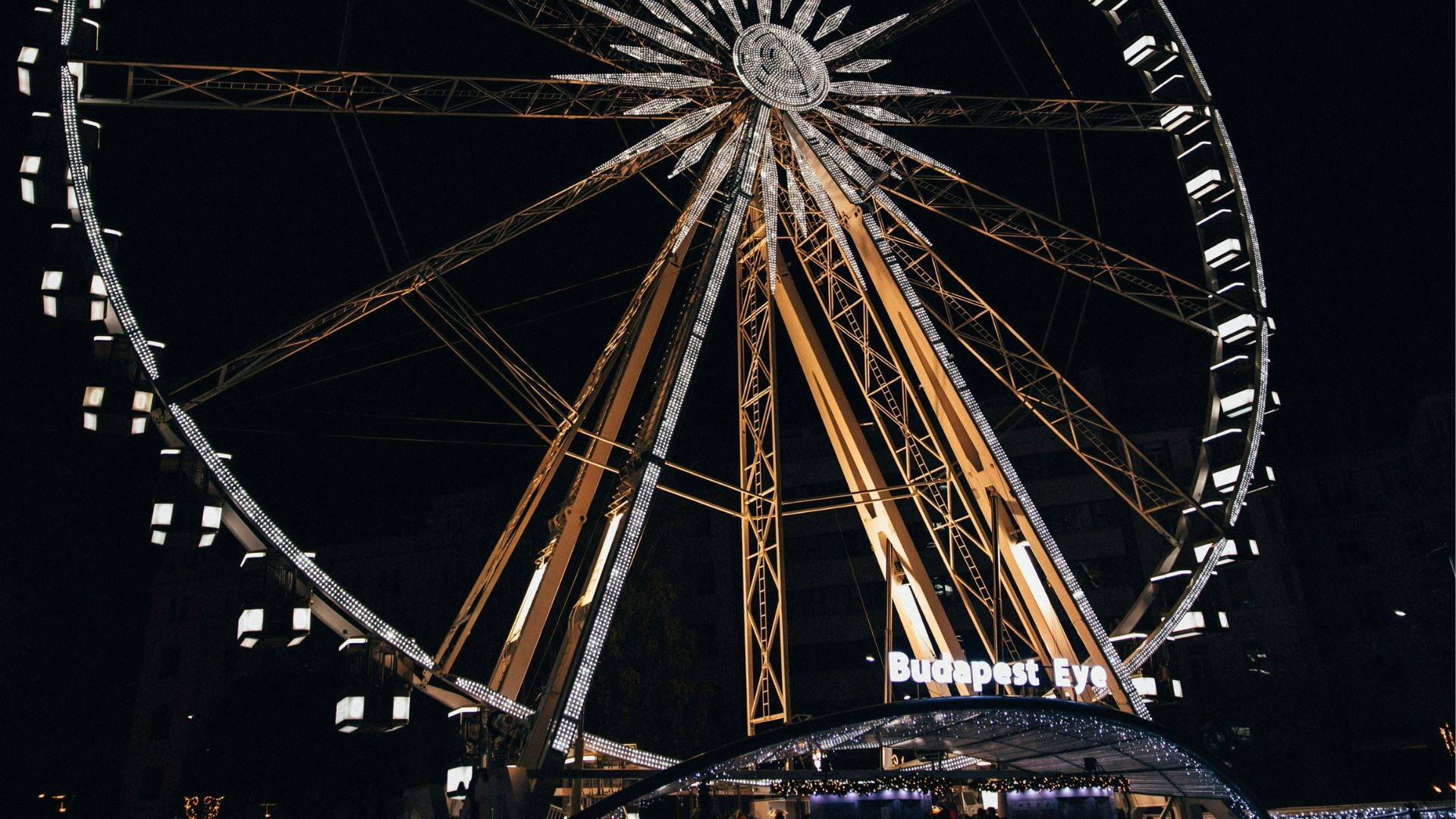 Budapest Eye at night time lit up and decorated during Christmas