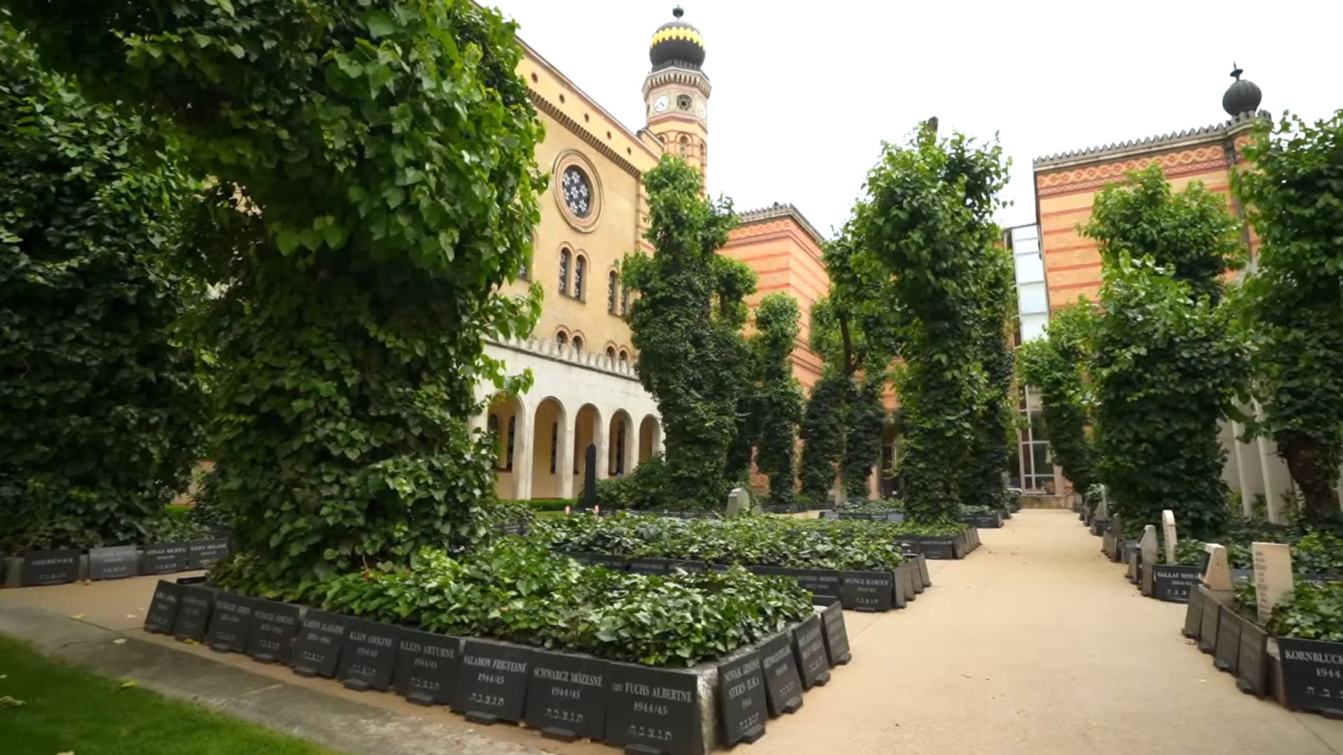 The Holocaust Memorial Garden at the Dohány Street Synagogue in Budapest, with green trees, ivy-covered gravestones, and the synagogue building in the background.